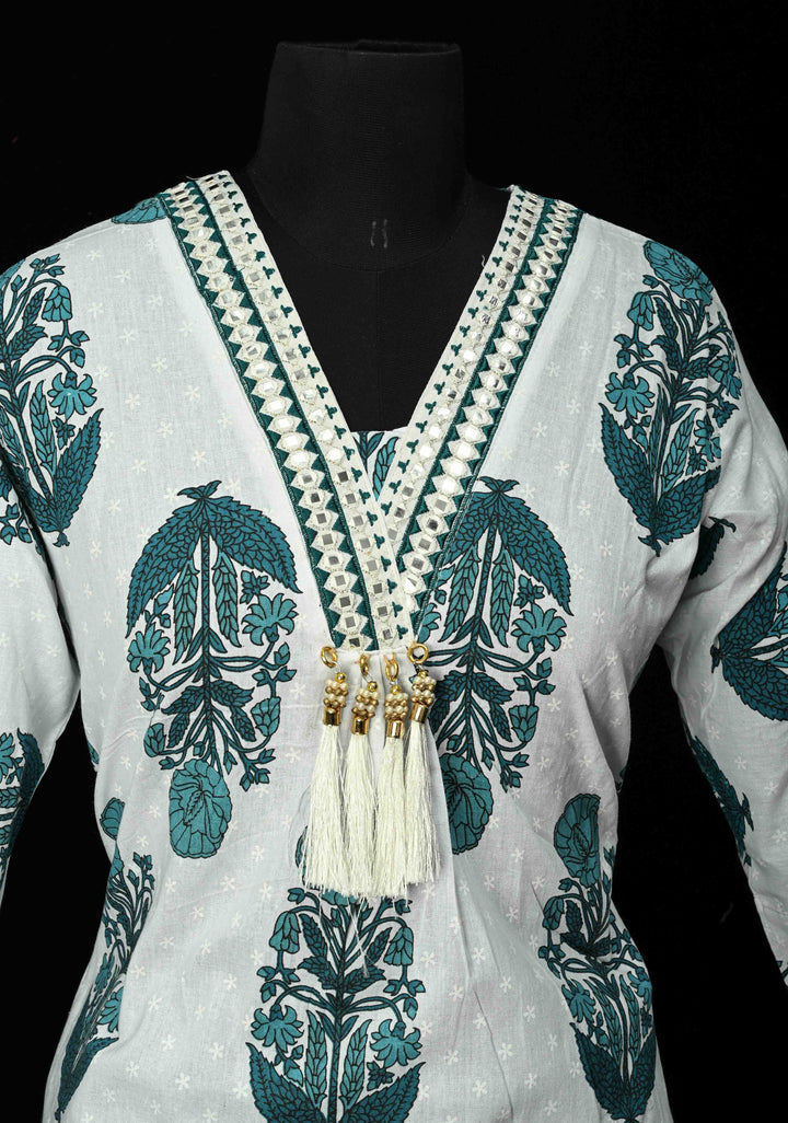 Blue A-Line Printed Cotton Kurti & Pant Set | Made to Order