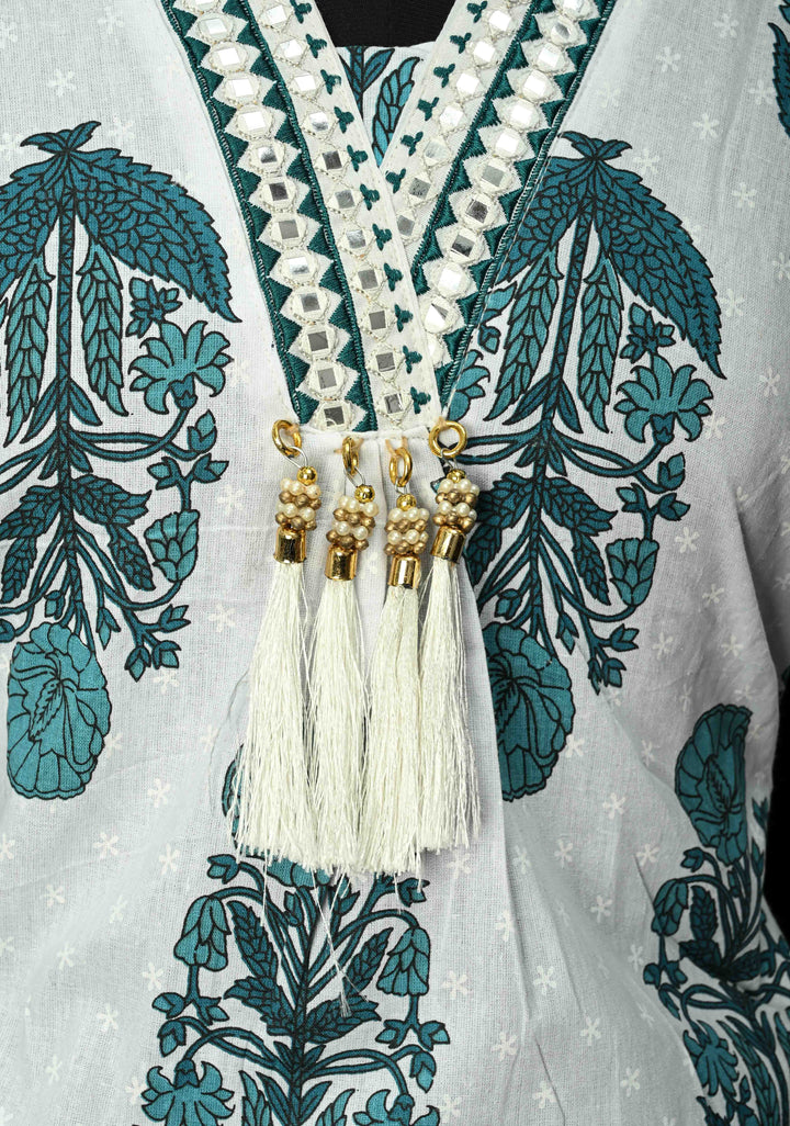 Blue A-Line Printed Cotton Kurti & Pant Set | Made to Order