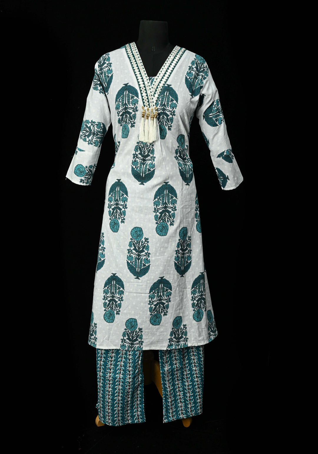 Blue A-Line Printed Cotton Kurti & Pant Set | Made to Order