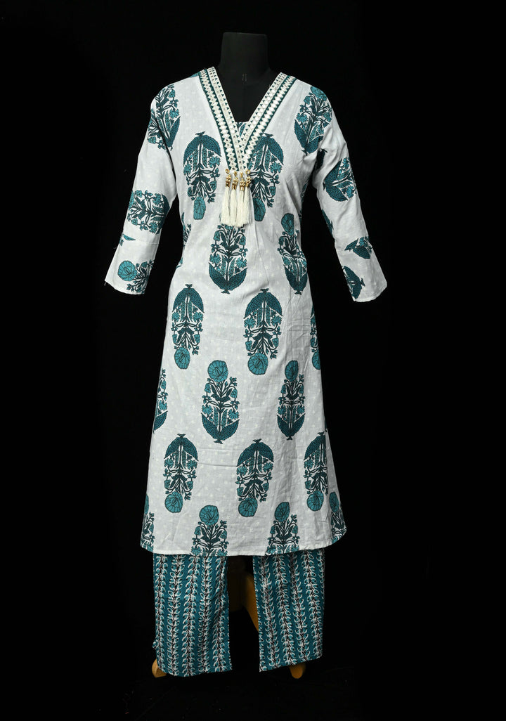 Blue A-Line Printed Cotton Kurti & Pant Set | Made to Order