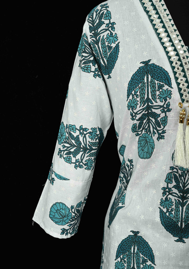 Blue A-Line Printed Cotton Kurti & Pant Set | Made to Order