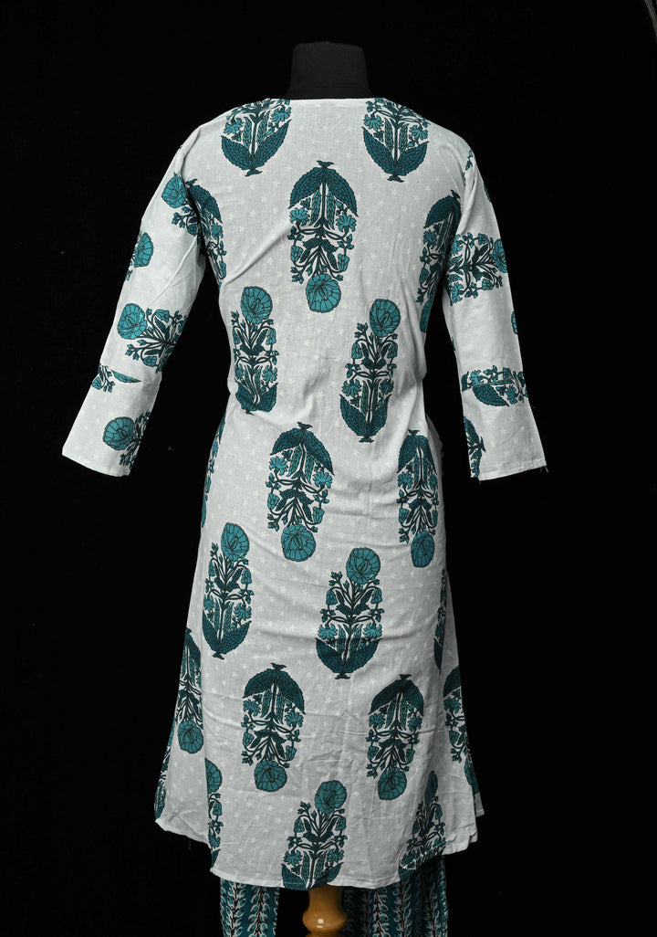 Blue A-Line Printed Cotton Kurti & Pant Set | Made to Order