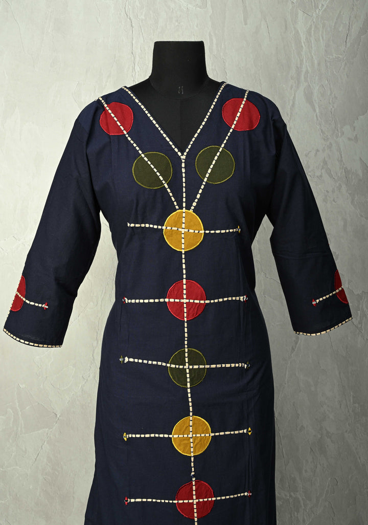 Navy Cotton Designer Patch Kurti Set – Hand Embroidered Details | Made to Order