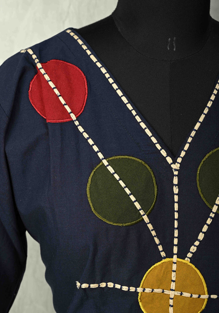 Navy Cotton Designer Patch Kurti Set – Hand Embroidered Details | Made to Order