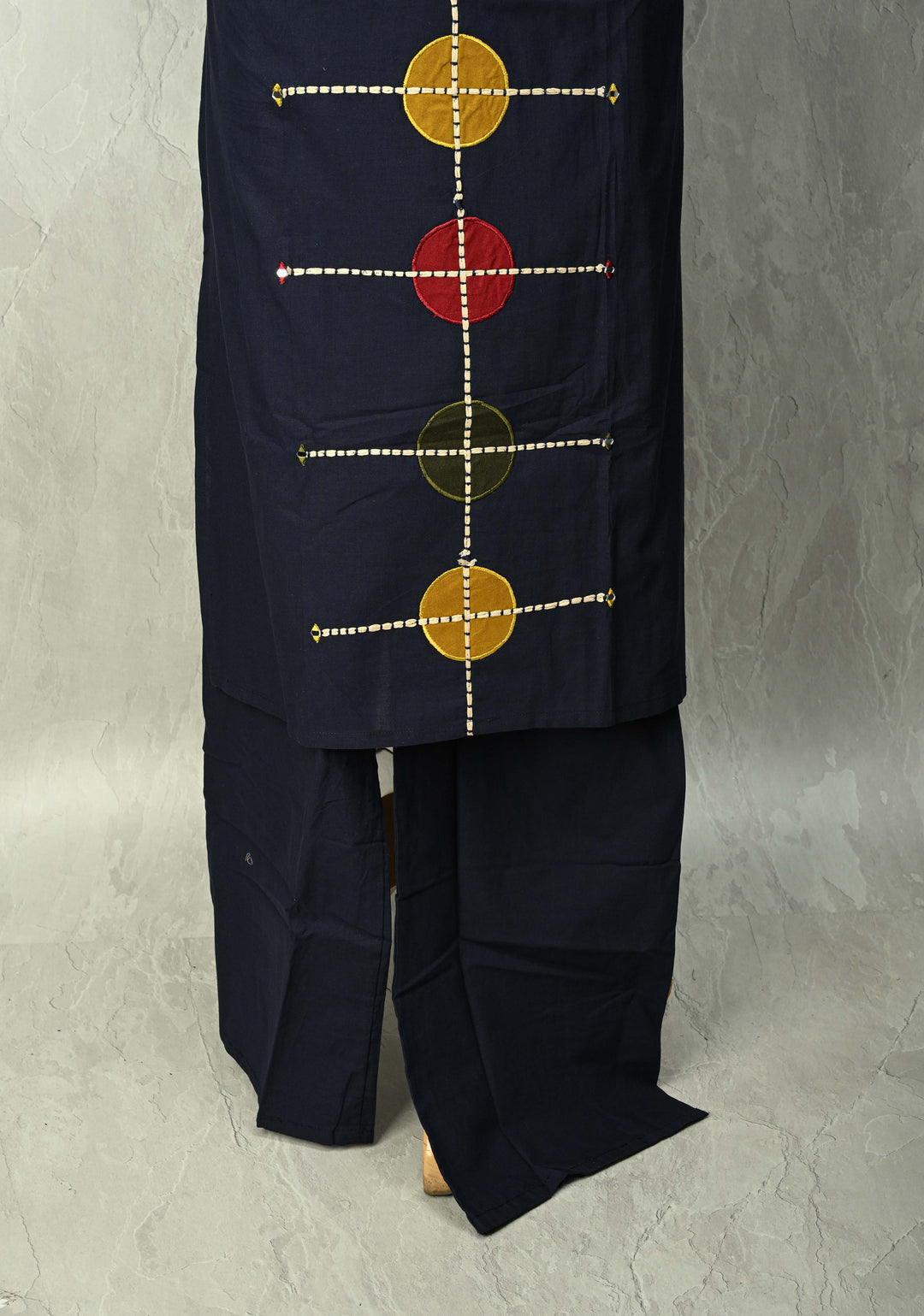 Navy Cotton Designer Patch Kurti Set – Hand Embroidered Details | Made to Order