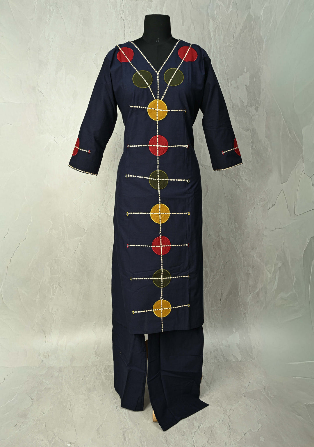 Navy Cotton Designer Patch Kurti Set – Hand Embroidered Details | Made to Order