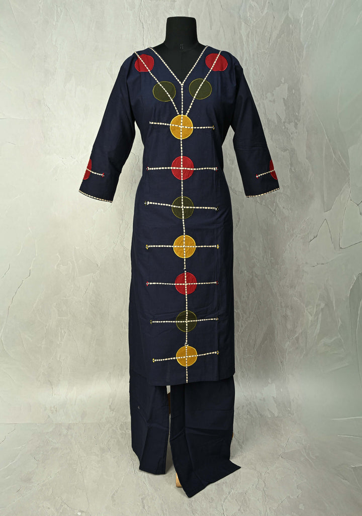 Navy Cotton Designer Patch Kurti Set – Hand Embroidered Details | Made to Order