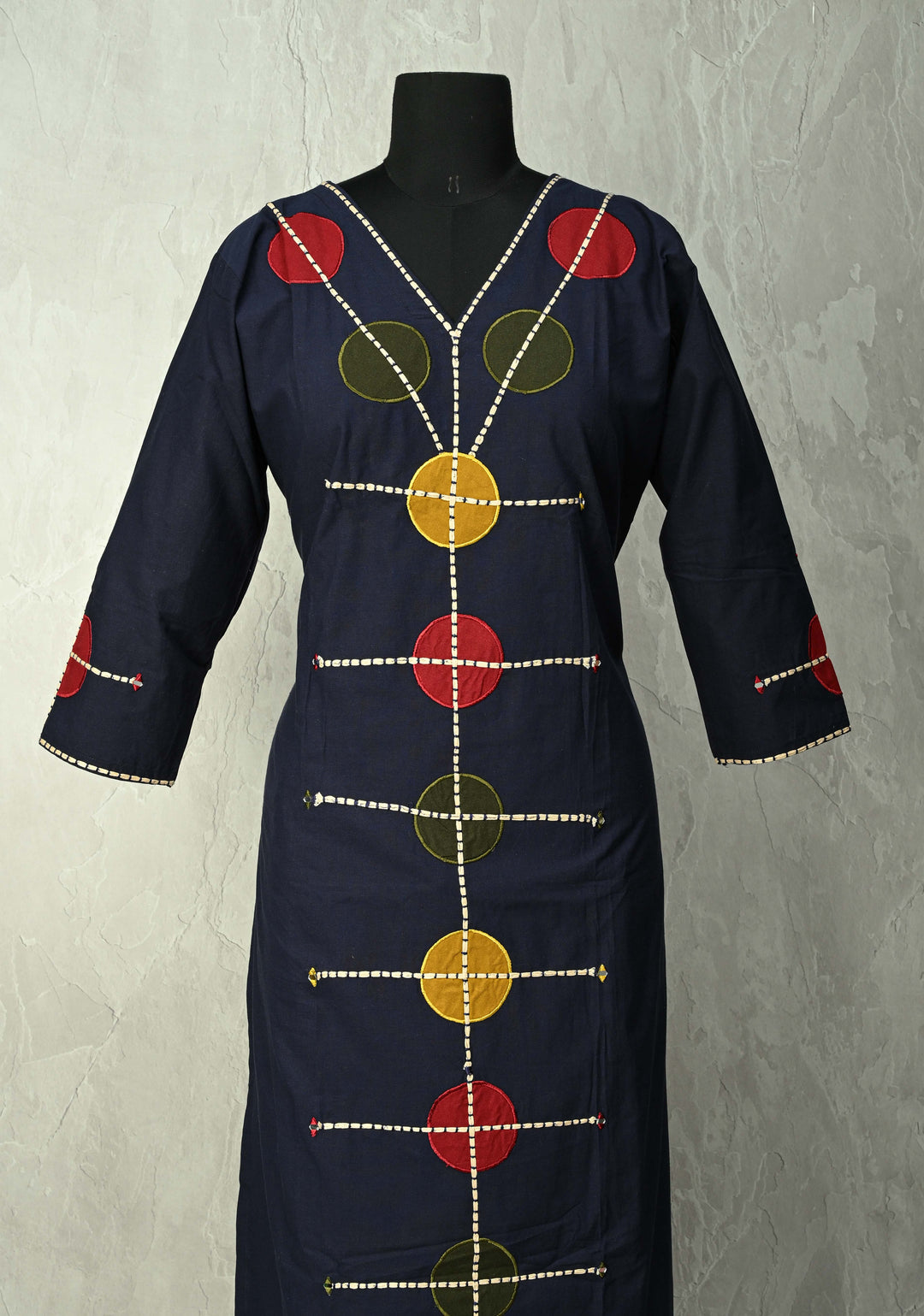 Navy Cotton Designer Patch Kurti Set – Hand Embroidered Details | Made to Order