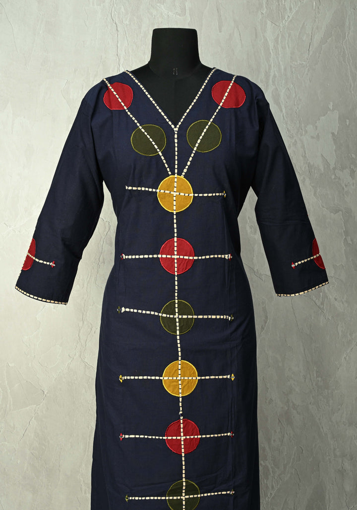 Navy Cotton Designer Patch Kurti Set – Hand Embroidered Details | Made to Order