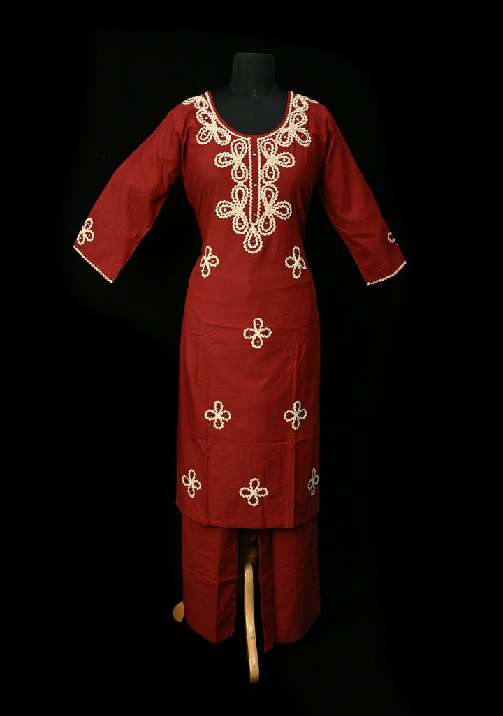 Maroon Cotton Applique Neck Kurti Set | Made to Order