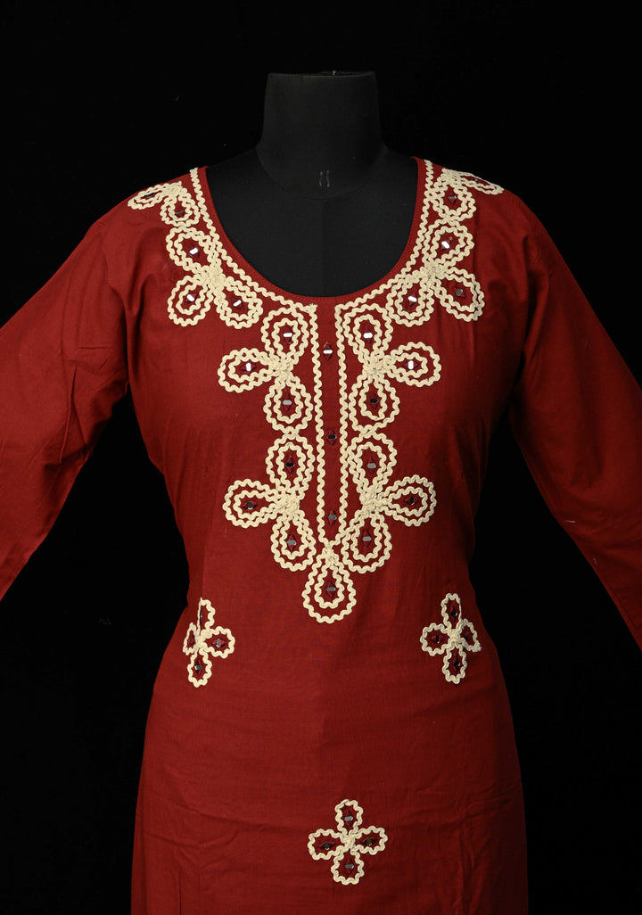 Maroon Cotton Applique Neck Kurti Set | Made to Order