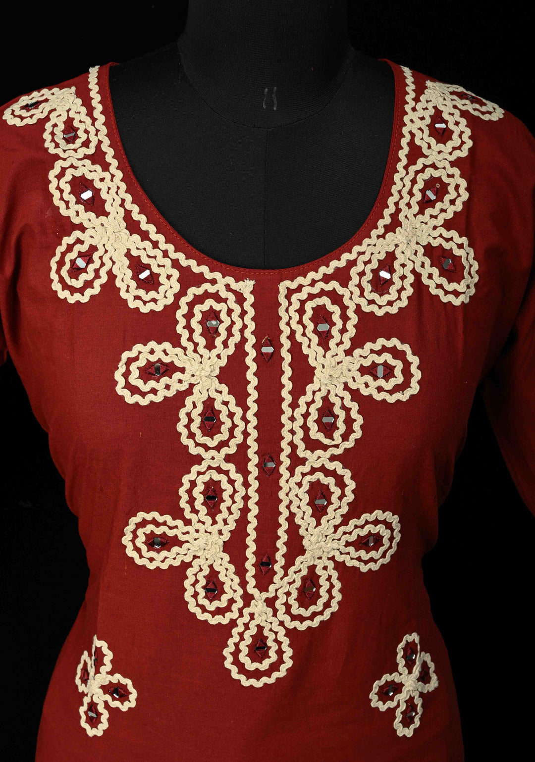 Maroon Cotton Applique Neck Kurti Set | Made to Order