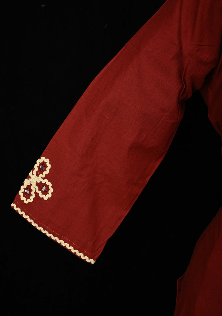 Maroon Cotton Applique Neck Kurti Set | Made to Order