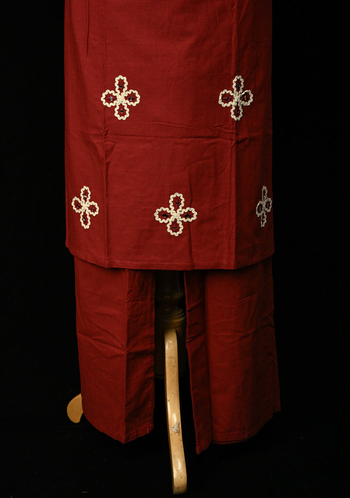 Maroon Cotton Applique Neck Kurti Set | Made to Order