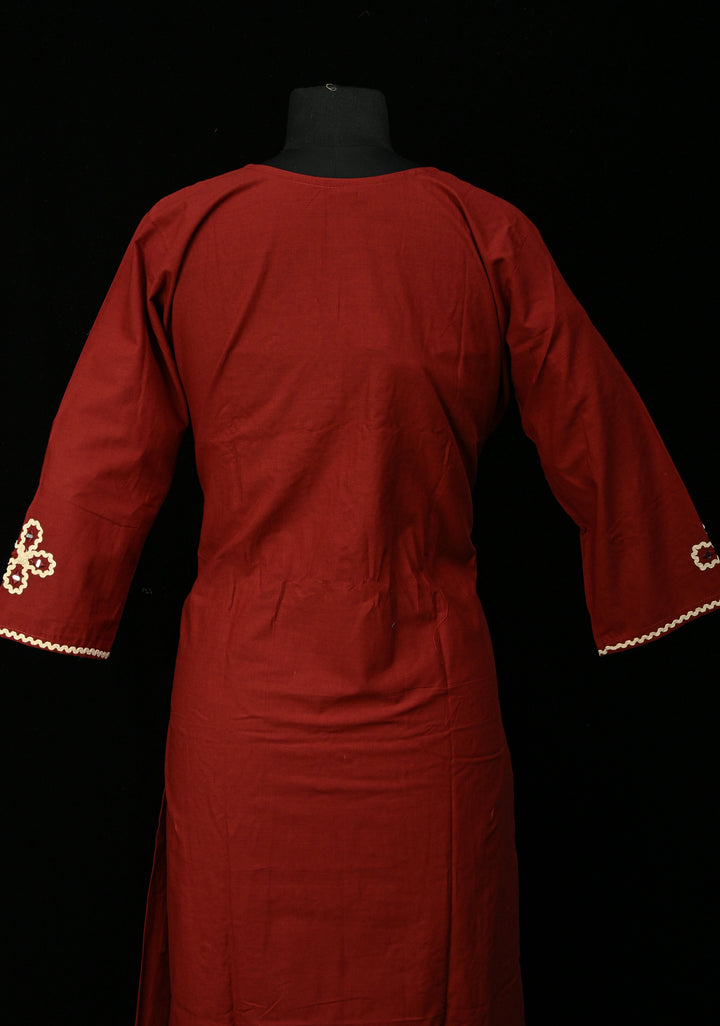 Maroon Cotton Applique Neck Kurti Set | Made to Order