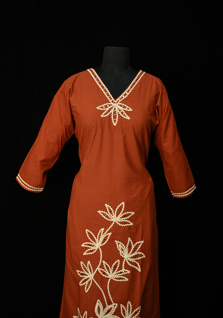 Rust Cotton Applique Daman Kurti 2 piece Set | Made to Order