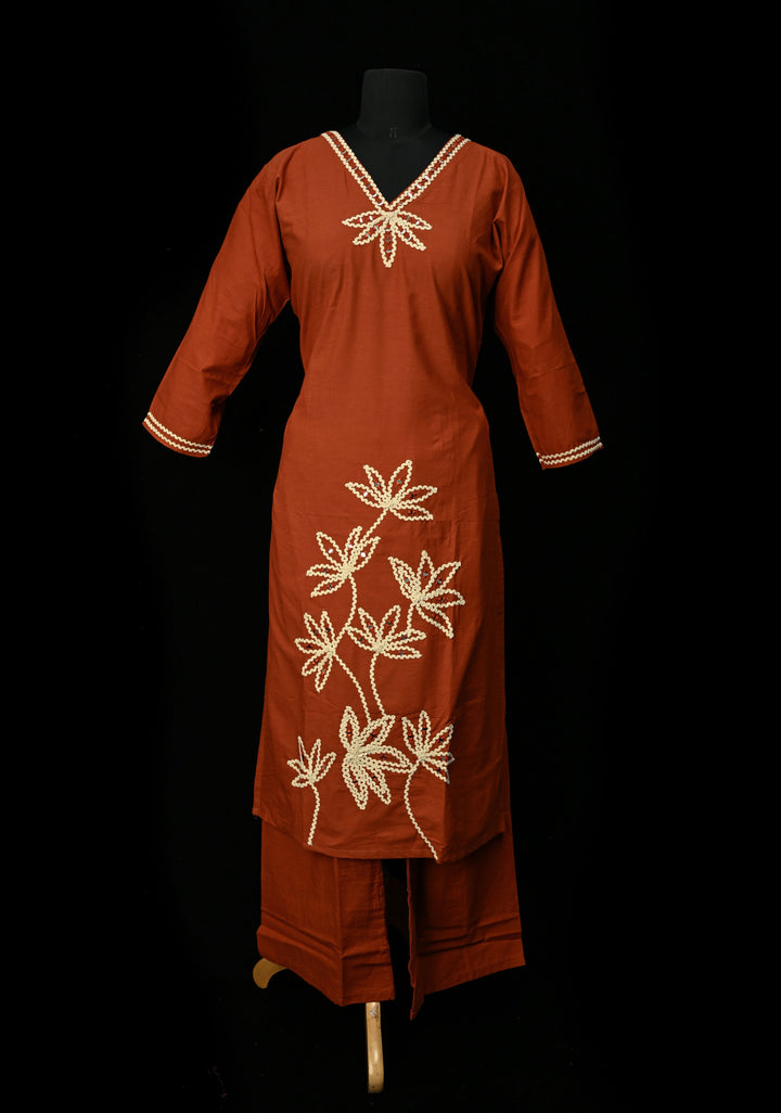Rust Cotton Applique Daman Kurti 2 piece Set | Made to Order