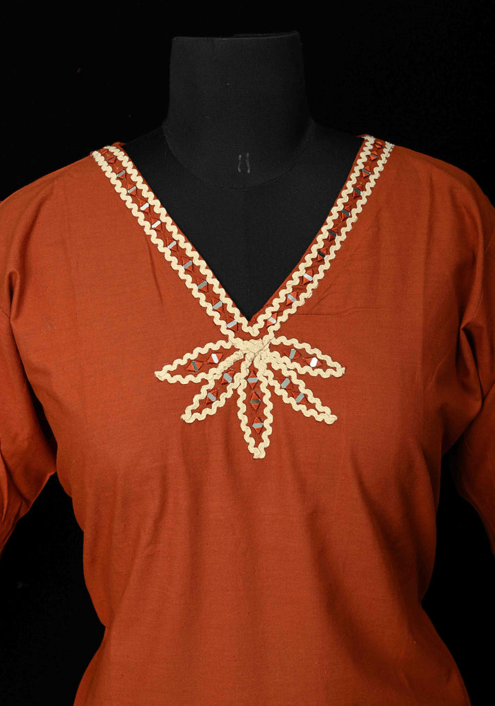 Rust Cotton Applique Daman Kurti 2 piece Set | Made to Order