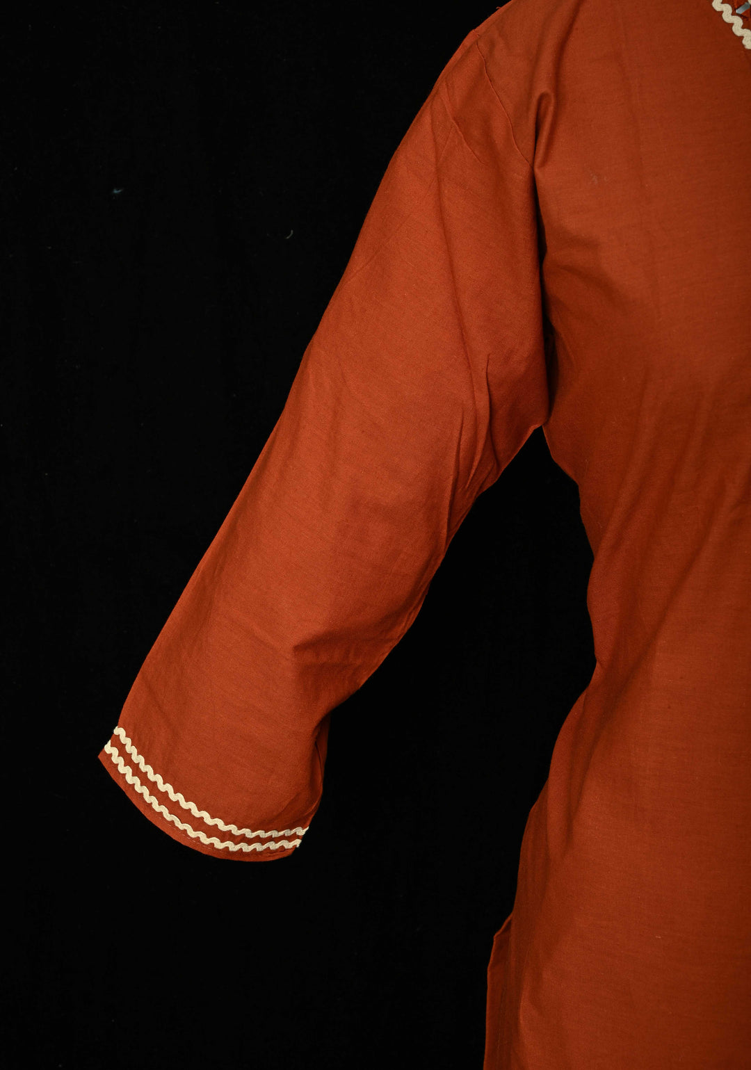 Rust Cotton Applique Daman Kurti 2 piece Set | Made to Order