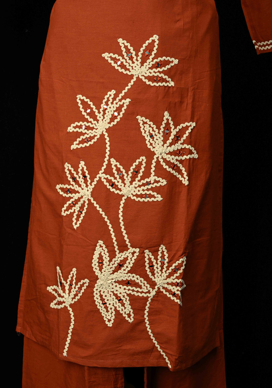 Rust Cotton Applique Daman Kurti 2 piece Set | Made to Order