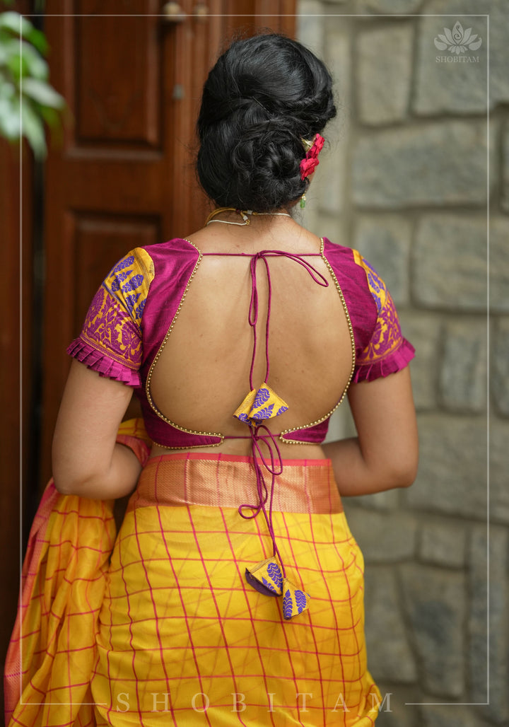 Magenta Pure rawsilk with yellow brocade U neck Blouse with back tie design, Made to Order