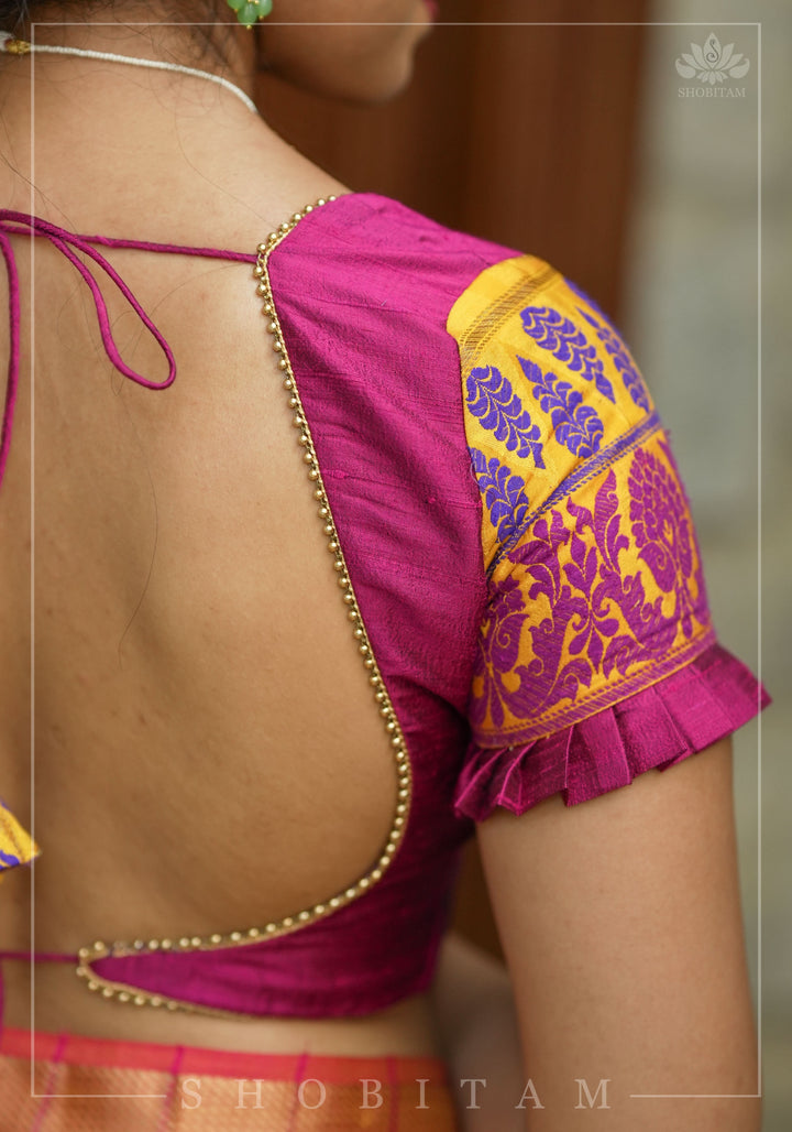 Magenta Pure rawsilk with yellow brocade U neck Blouse with back tie design, Made to Order