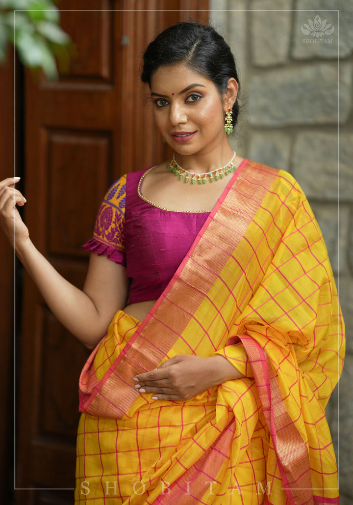 Magenta Pure rawsilk with yellow brocade U neck Blouse with back tie design, Made to Order