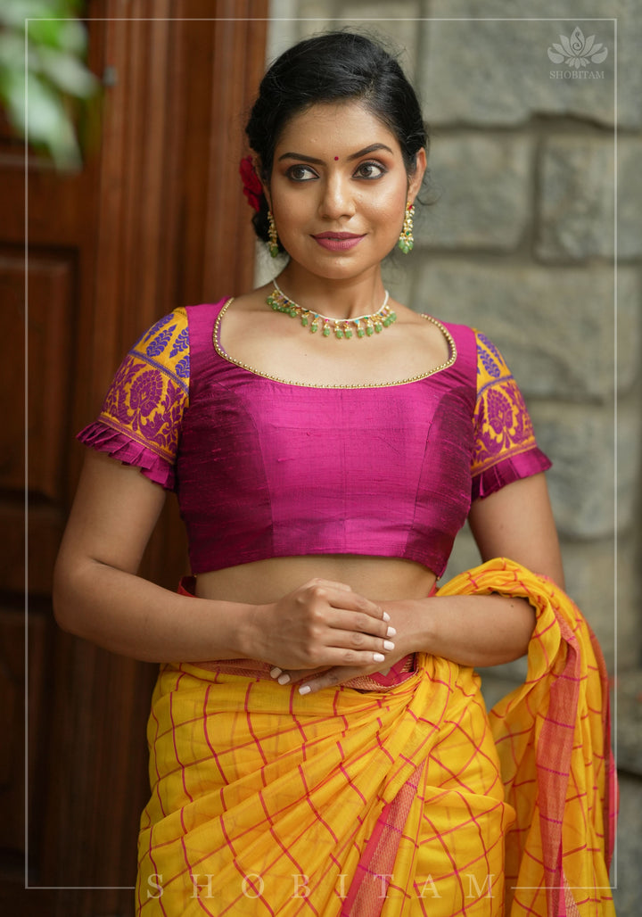 Magenta Pure rawsilk with yellow brocade U neck Blouse with back tie design, Made to Order
