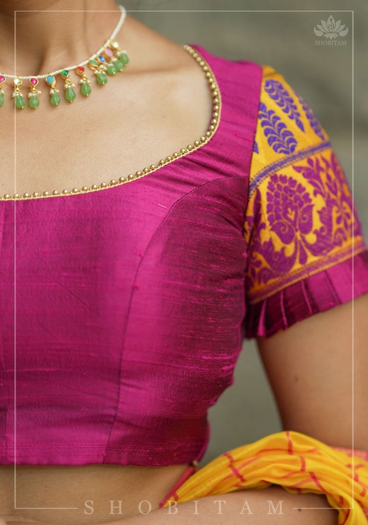 Magenta Pure rawsilk with yellow brocade U neck Blouse with back tie design, Made to Order
