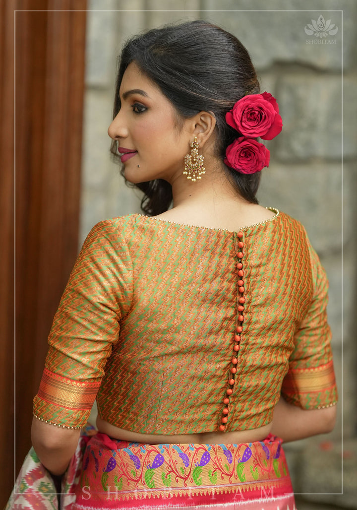 Henna Green and orange Jacquard boatneck blouse with plain silk detailing, Made to Order