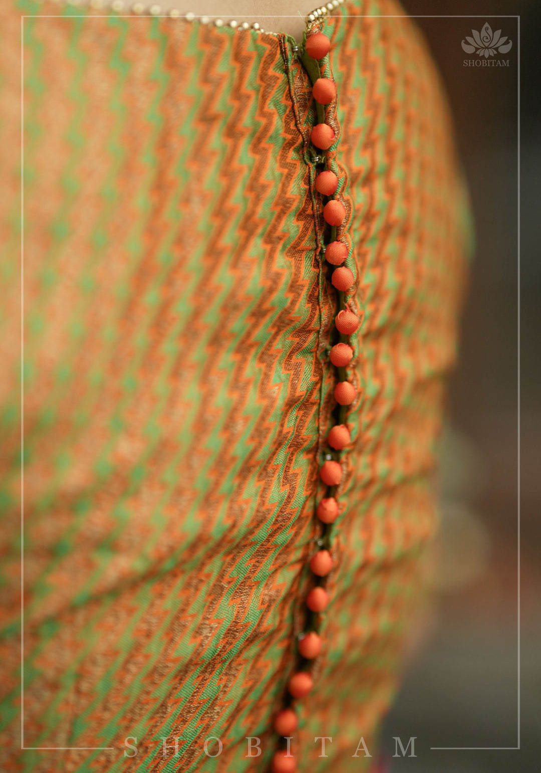 Henna Green and orange Jacquard boatneck blouse with plain silk detailing, Made to Order