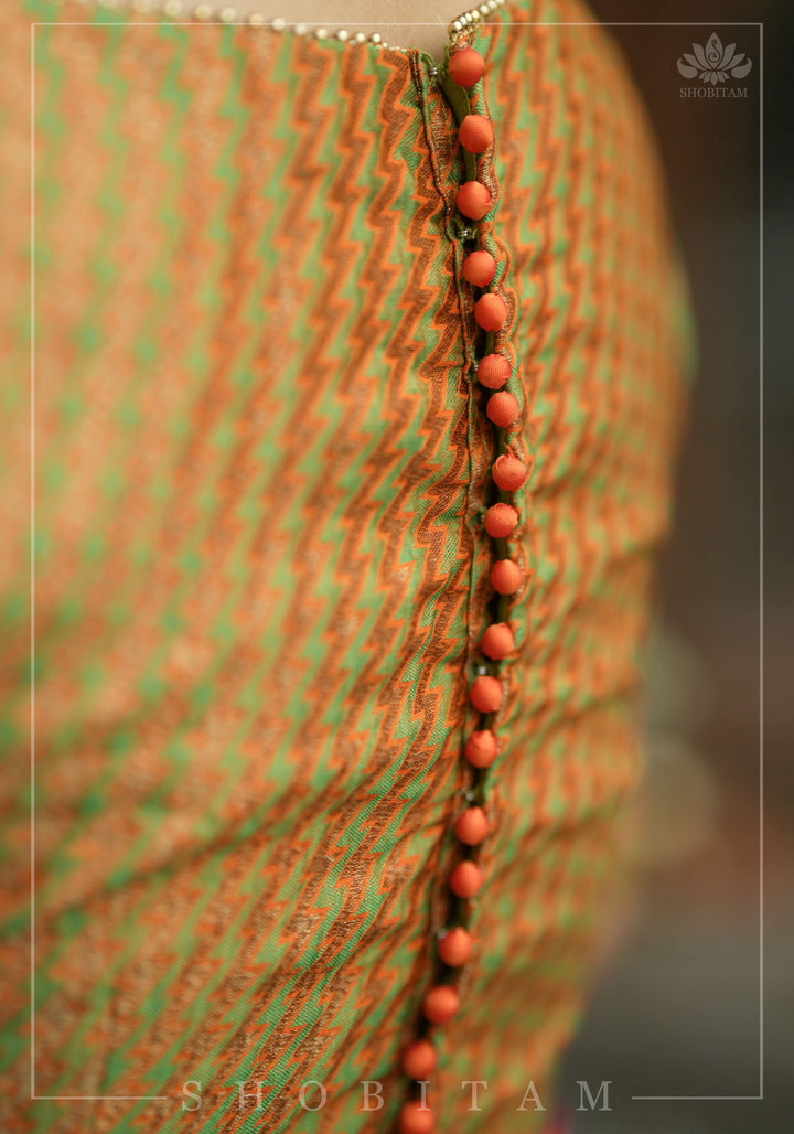 Henna Green and orange Jacquard boatneck blouse with plain silk detailing, Made to Order