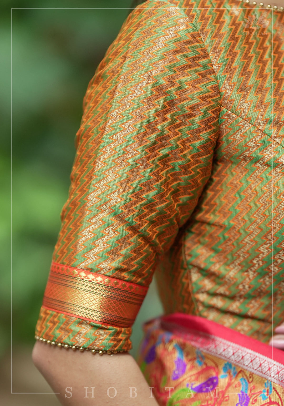 Henna Green and orange Jacquard boatneck blouse with plain silk detailing, Made to Order