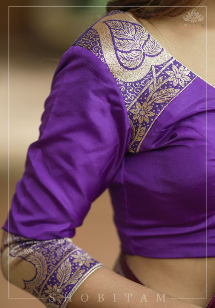 Purple silk & brocade V neck blouse with 3/4th sleeves, Made to Order