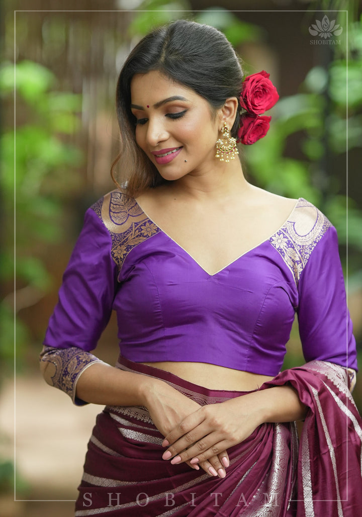 Purple silk & brocade V neck blouse with 3/4th sleeves, Made to Order