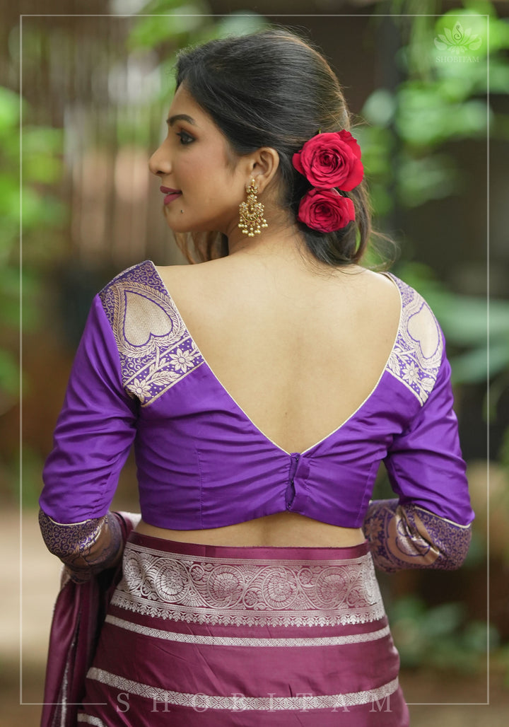 Purple silk & brocade V neck blouse with 3/4th sleeves, Made to Order