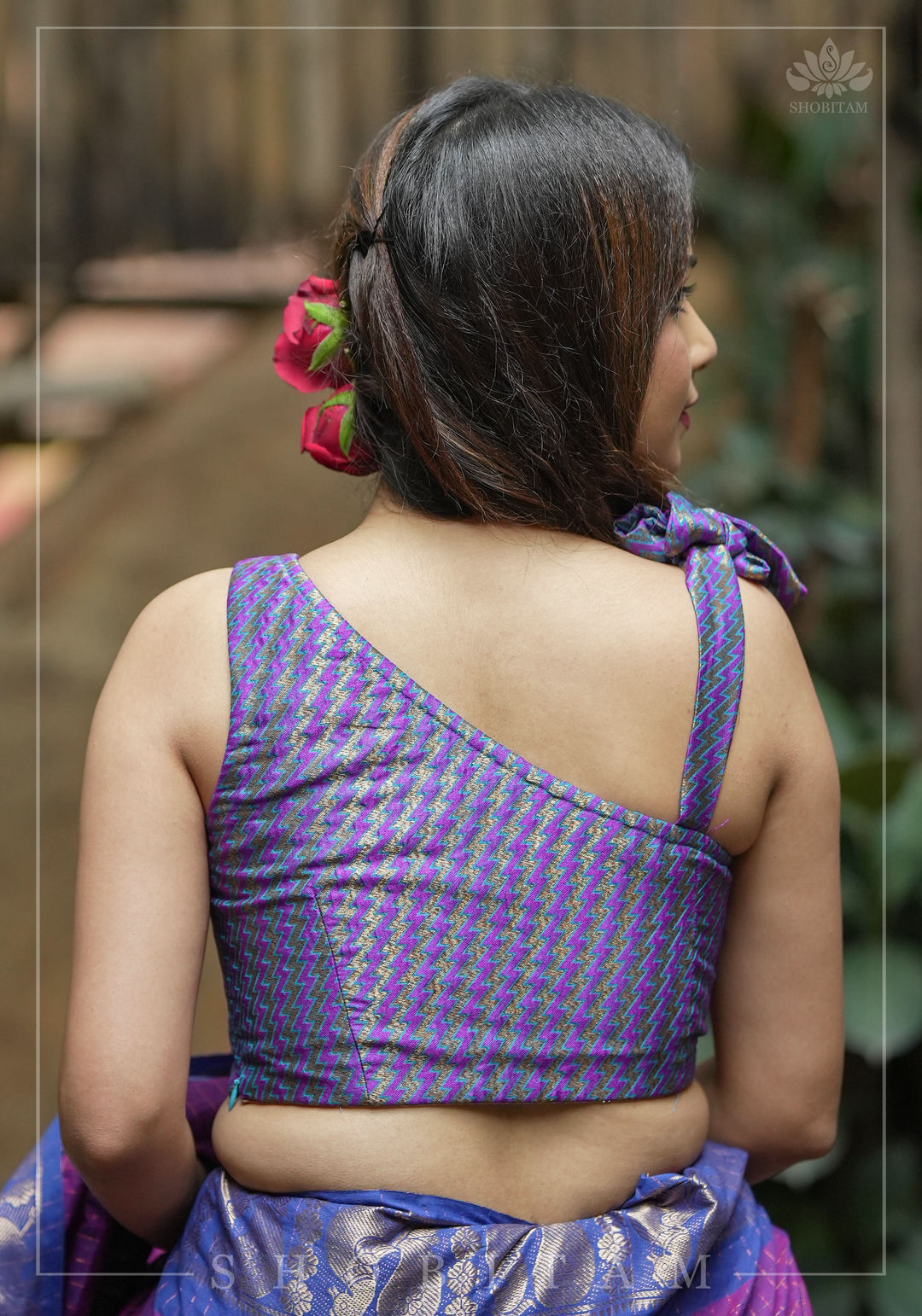 Purple Blue jacquard one shoulder blouse crop top, Made to Order