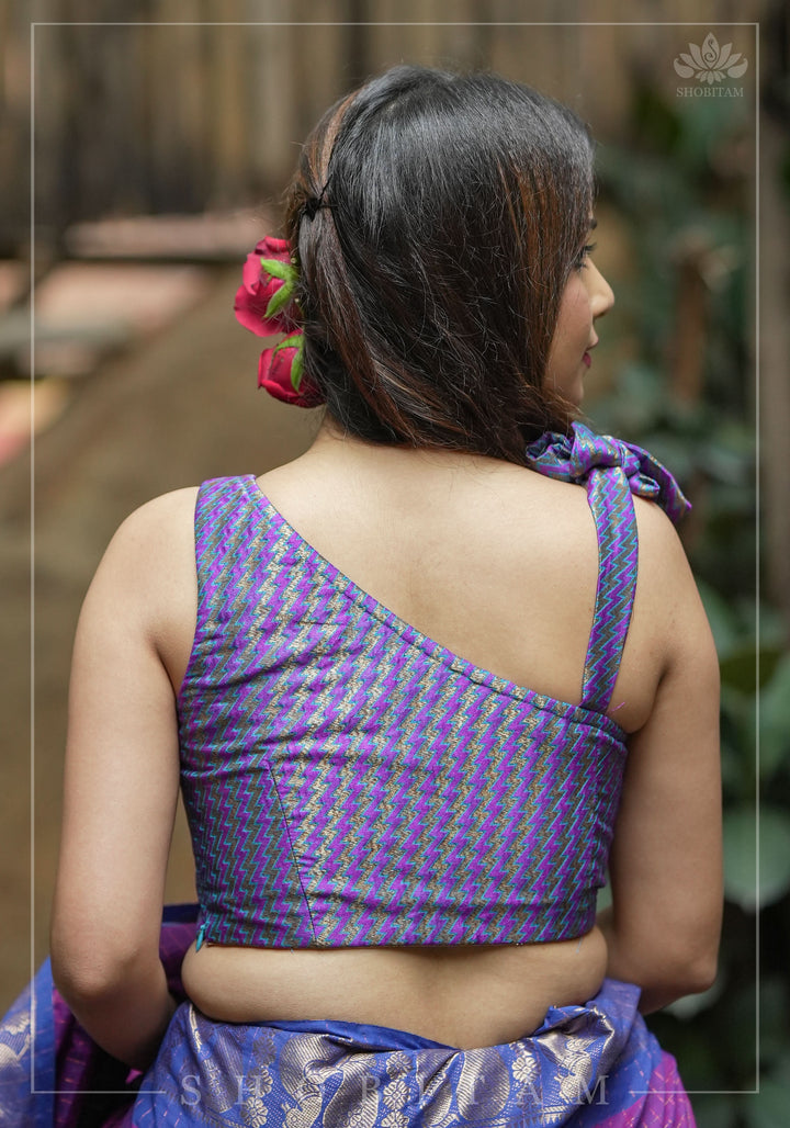 Purple Blue jacquard one shoulder blouse crop top, Made to Order