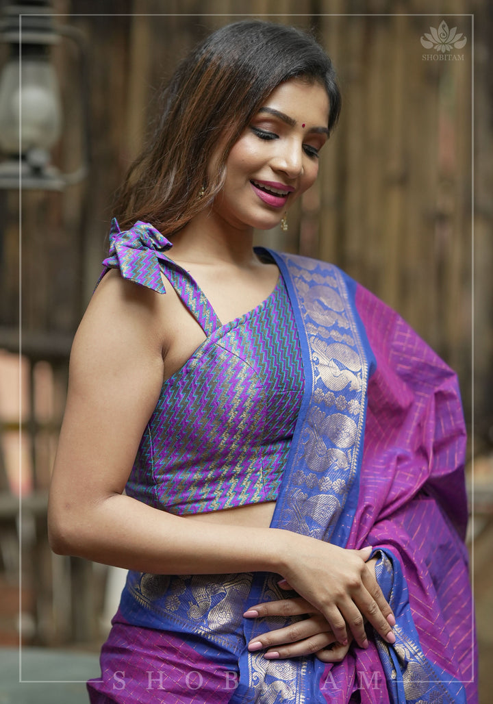 Purple Blue jacquard one shoulder blouse crop top, Made to Order
