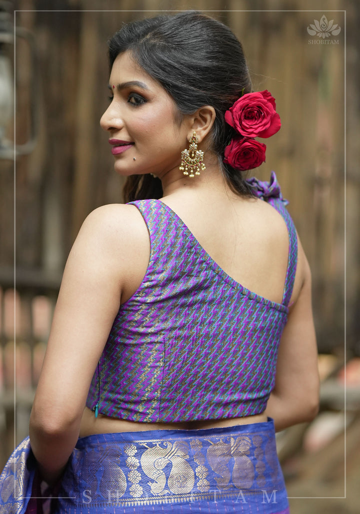 Purple Blue jacquard one shoulder blouse crop top, Made to Order