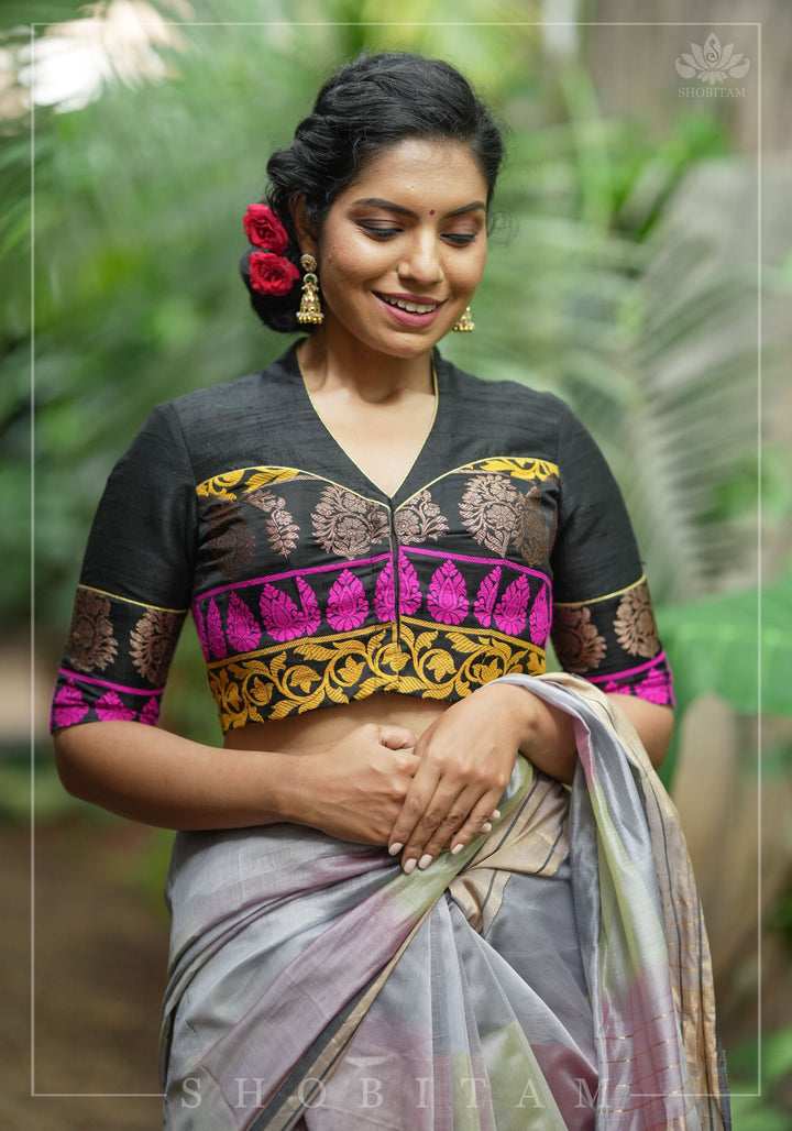 Black Pure Raw Silk with Meenakari Brocade Border V Neck Blouse, Made to Order