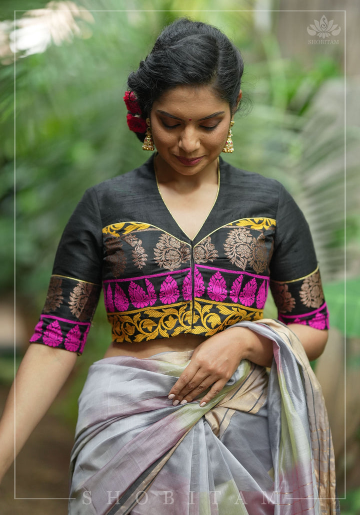 Black Pure Raw Silk with Meenakari Brocade Border V Neck Blouse, Made to Order