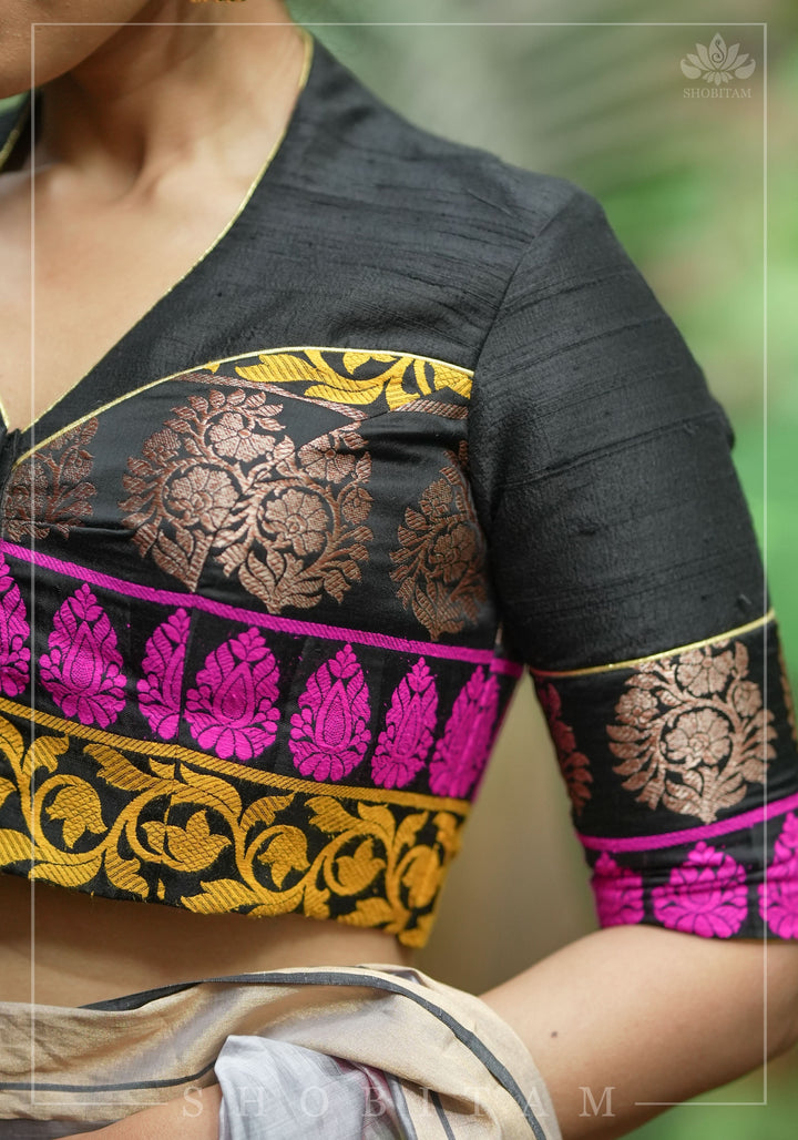 Black Pure Raw Silk with Meenakari Brocade Border V Neck Blouse, Made to Order