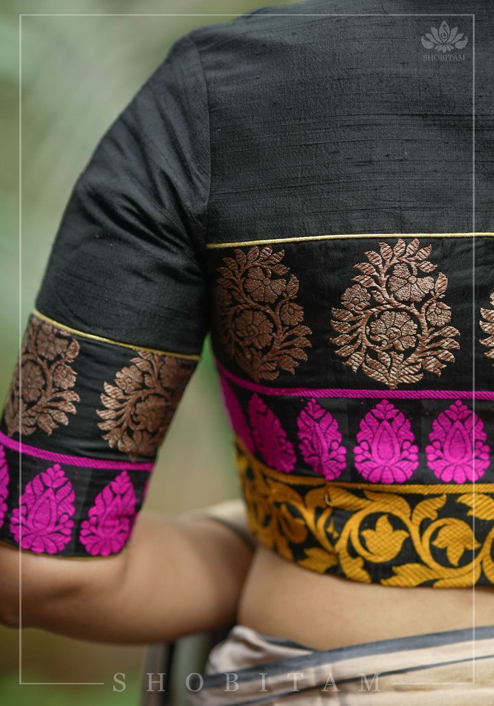Black Pure Raw Silk with Meenakari Brocade Border V Neck Blouse, Made to Order