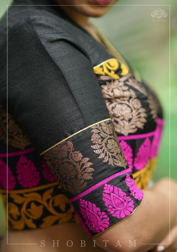 Black Pure Raw Silk with Meenakari Brocade Border V Neck Blouse, Made to Order