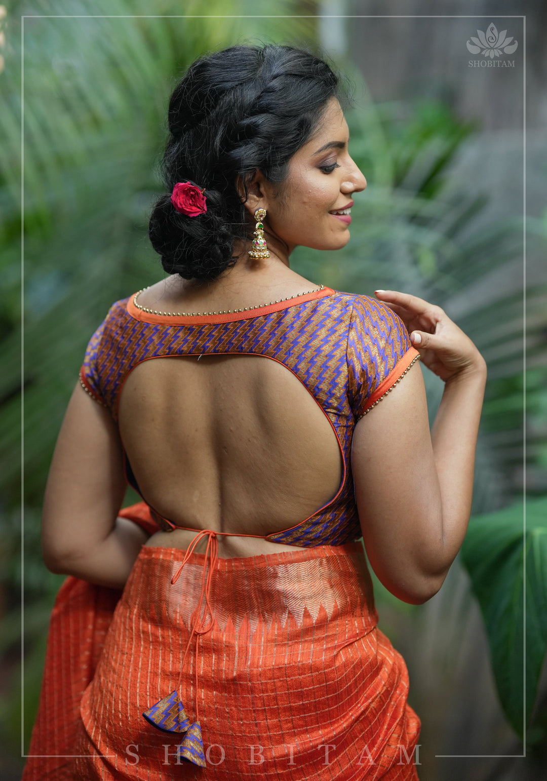 Purple Orange Jacquard brocade boat neck blouse with back detailing, Made to Order