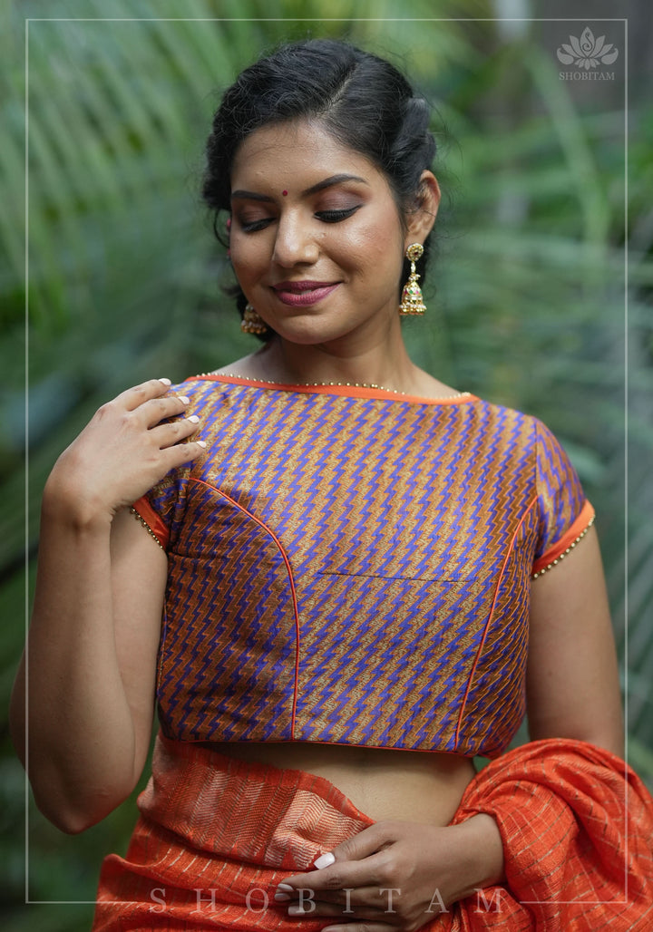Purple Orange Jacquard brocade boat neck blouse with back detailing, Made to Order