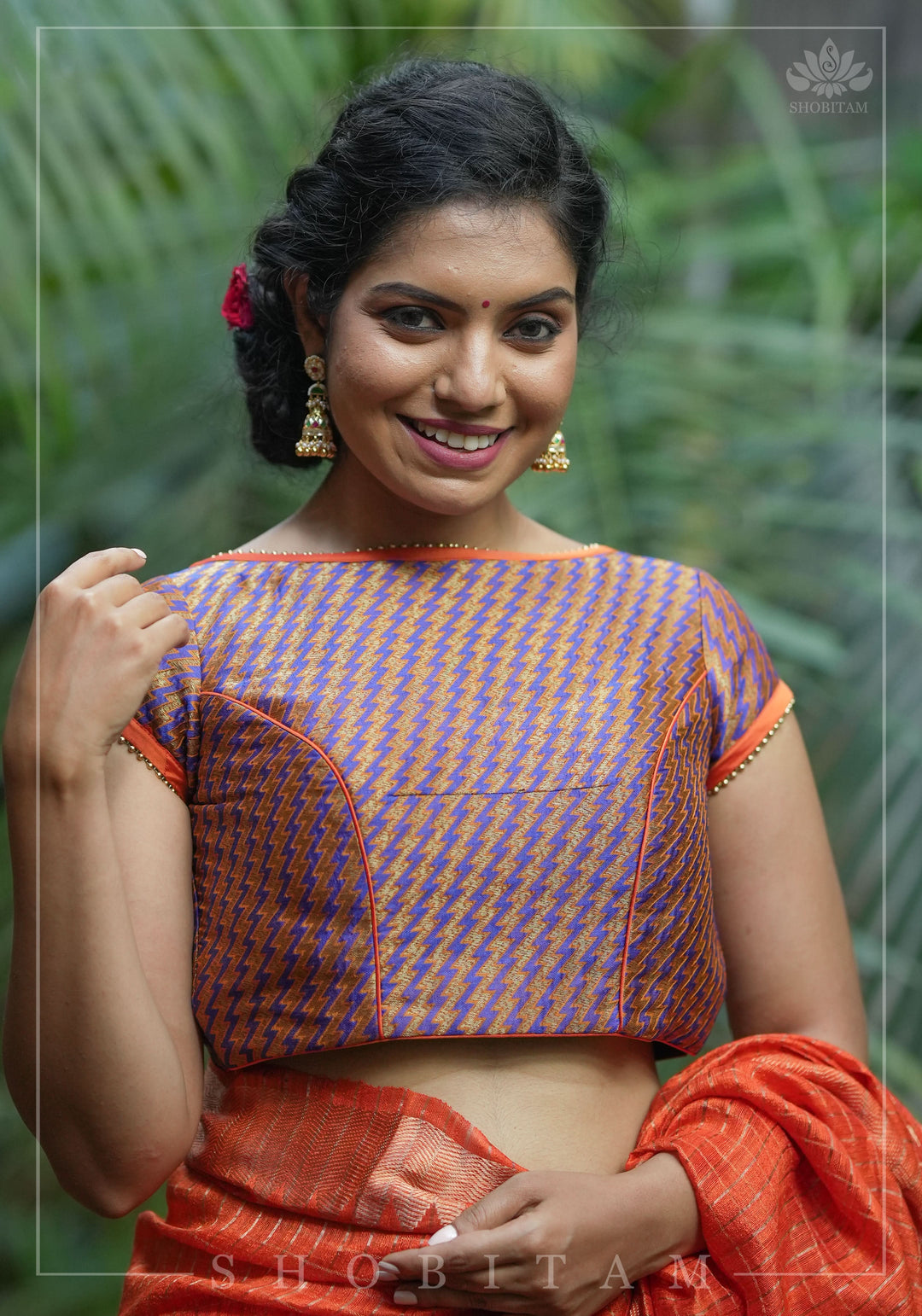 Purple Orange Jacquard brocade boat neck blouse with back detailing, Made to Order