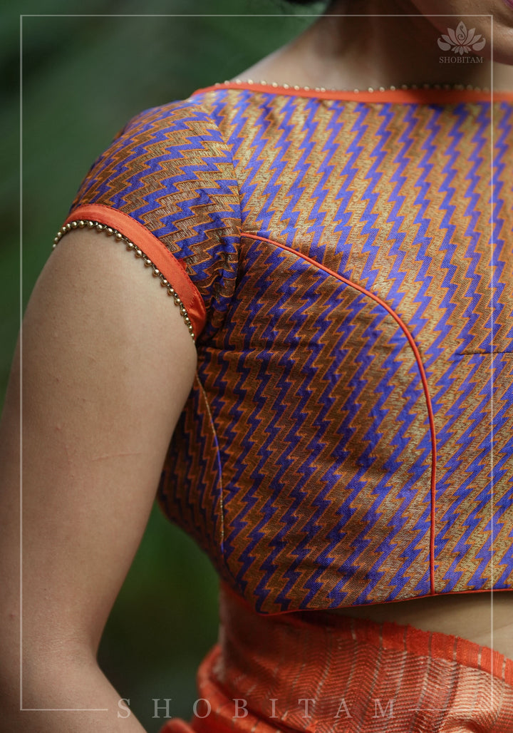 Purple Orange Jacquard brocade boat neck blouse with back detailing, Made to Order