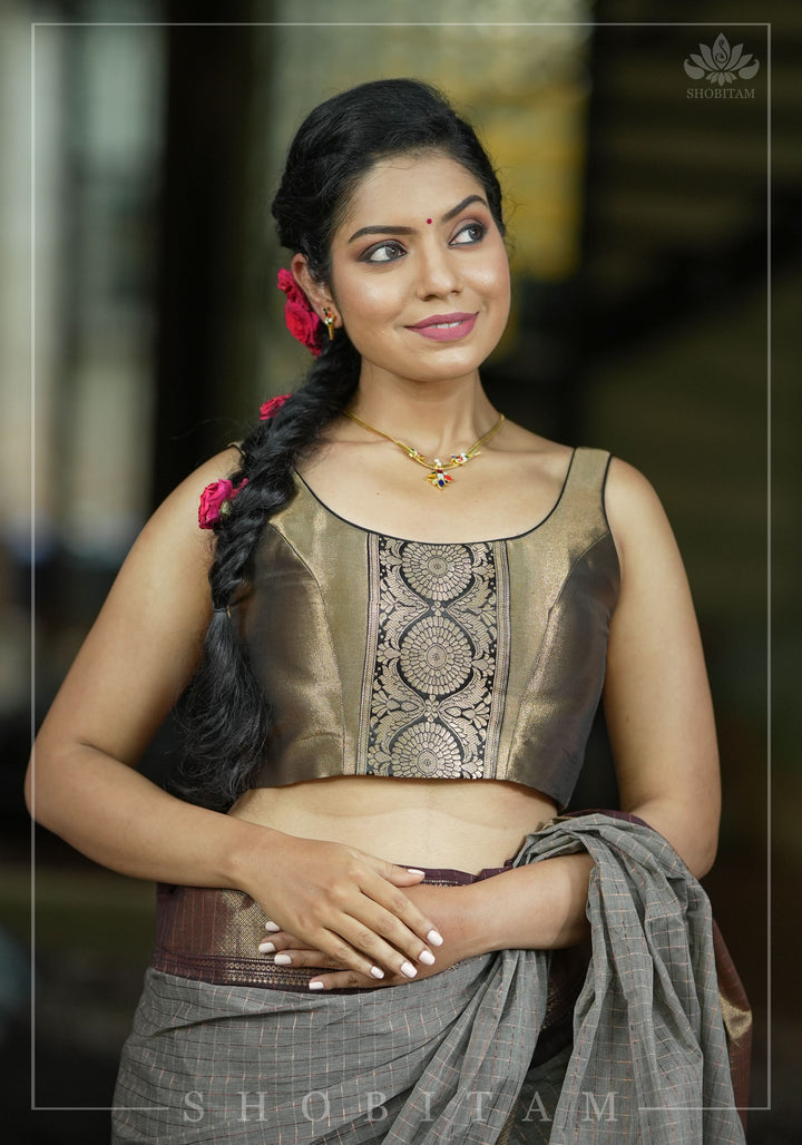 Bronze tissue brocade U  neck sleeveless blouse with black brocade detailing